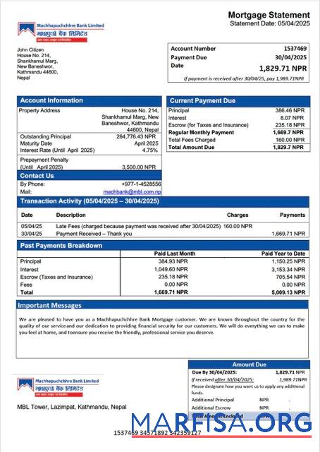 Realistic Nepal Machhapuchchhre Bank mortgage statement Word and PDF template